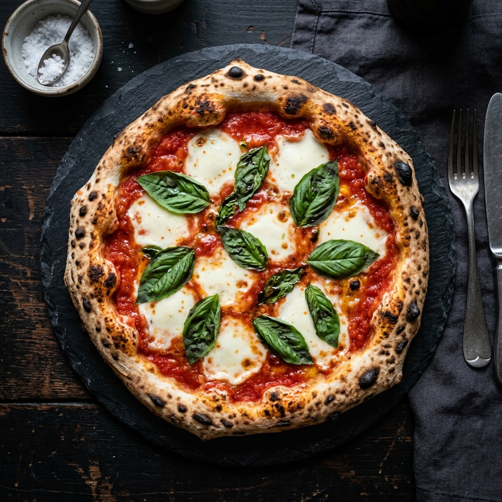 Frische Pizza Margherita serviert auf rustikalem Teller